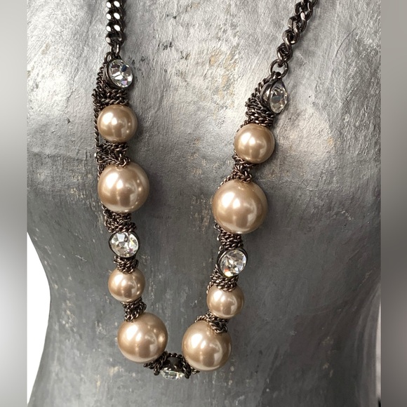 Givenchy Jewelry - GIVENCHY Designer Champagne Faux Pearl Clear Icy Crystal Chain Woman’s Necklace